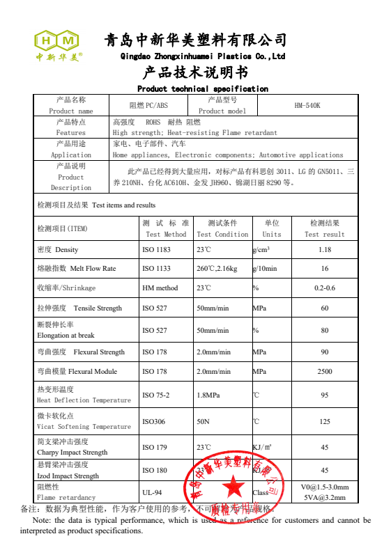 青島中新華美阻燃PC/ABS合金材料HM540K